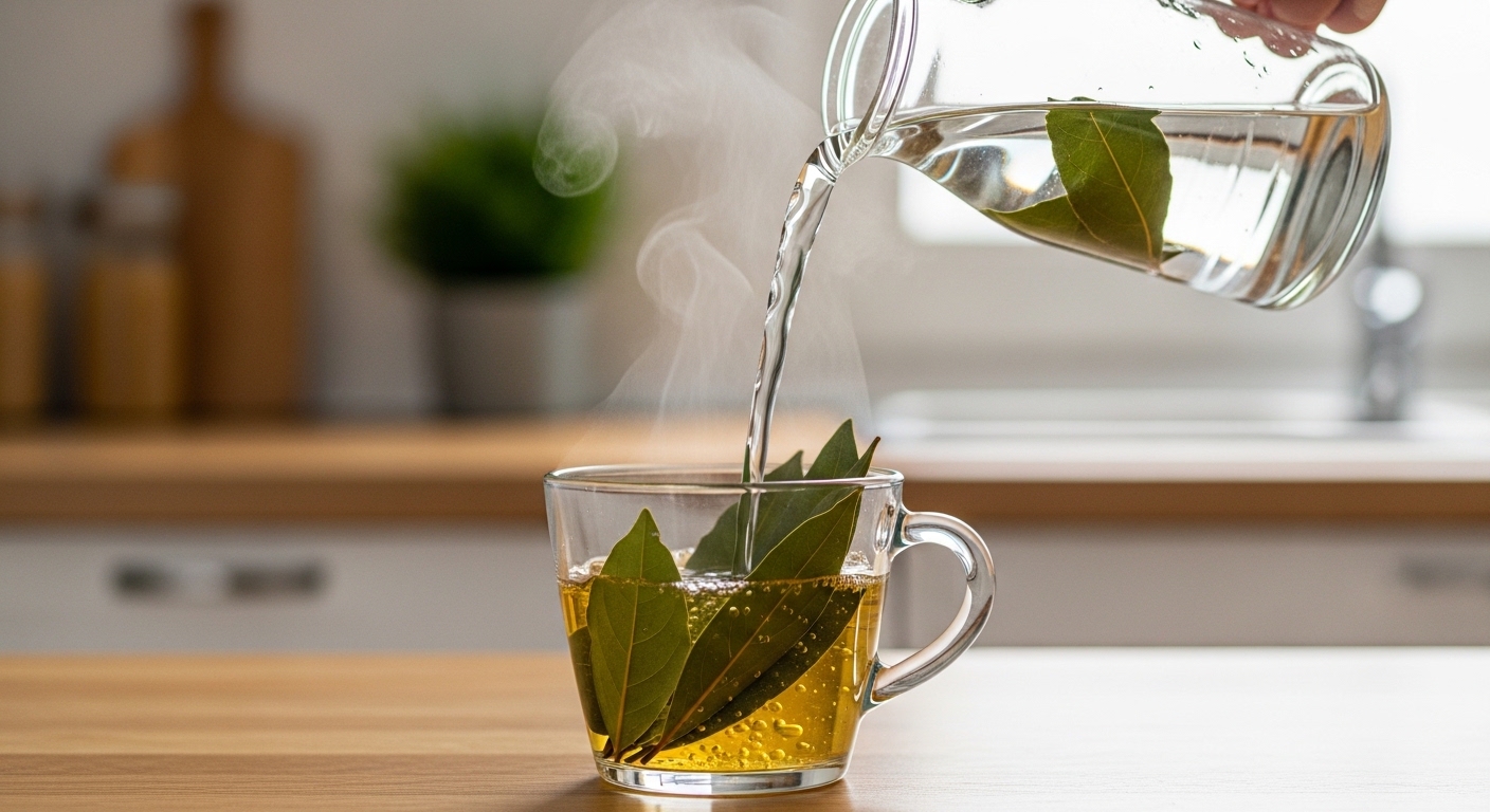 Preparazione della tisana di alloro con acqua calda versata su foglie in tazza trasparente.