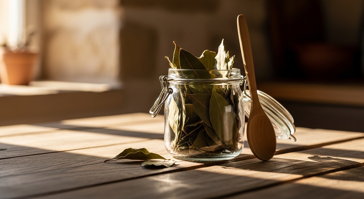 Barattolo di foglie di alloro essiccate su tavolo in legno in cucina rustica.