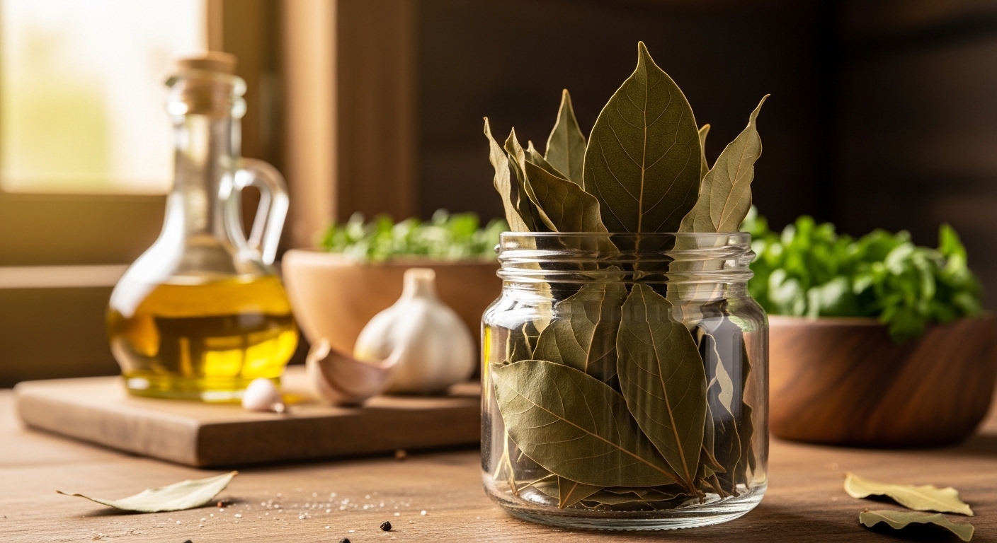 Barattolo di foglie di alloro secche su tavolo da cucina rustico con luce calda naturale.
