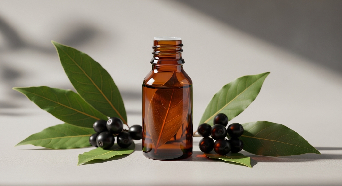 Bottiglia di oleolito di alloro con foglie fresche e bacche in ambiente luminoso e rilassante.,