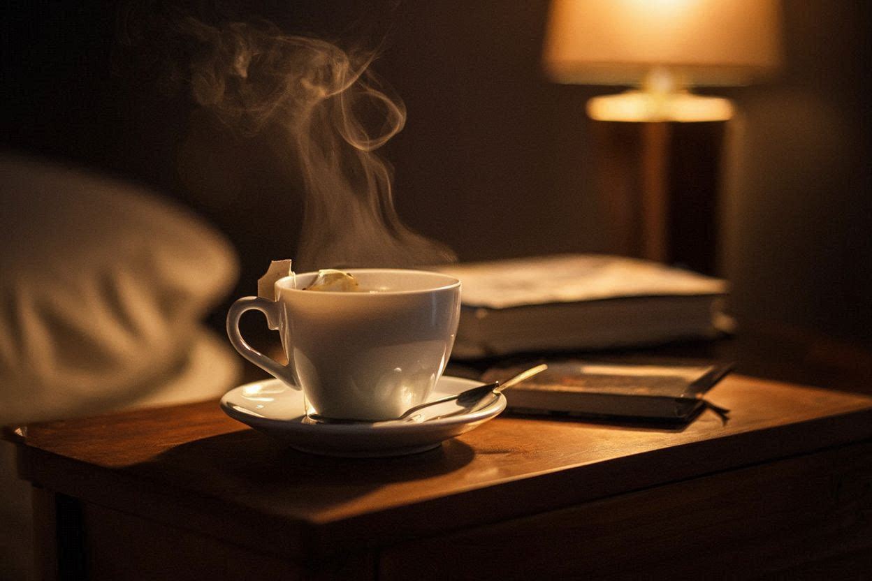 Camomilla per dormire in tazza su comodino