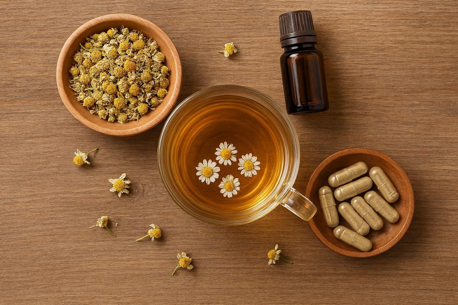 Diverse preparazioni di camomilla- infuso, estratto secco e olio essenziale