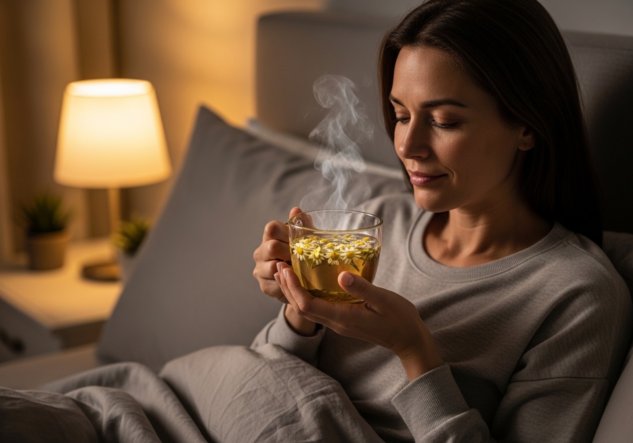 Donna che beve tè alla camomilla la sera in camera da letto, atmosfera calda e rilassante per favorire il sonno naturale.