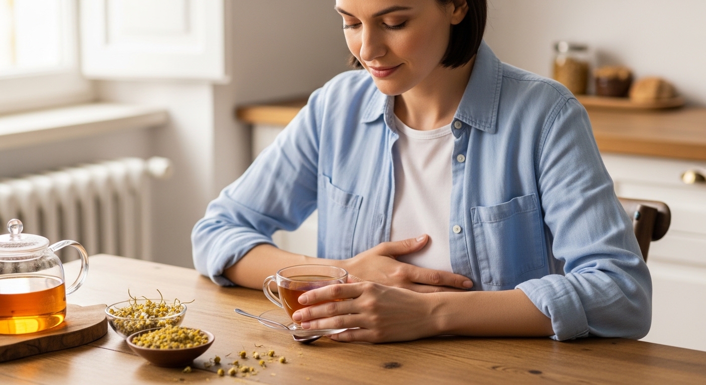Donna che beve una tisana di camomilla per alleviare il mal di stomaco, rimedio naturale usato tradizionalmente per la digestione.