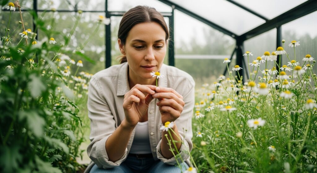 Donna che osserva i fiori di camomilla nella sua serra in primavera, mentre ne studia le proprietà naturali e i benefici.