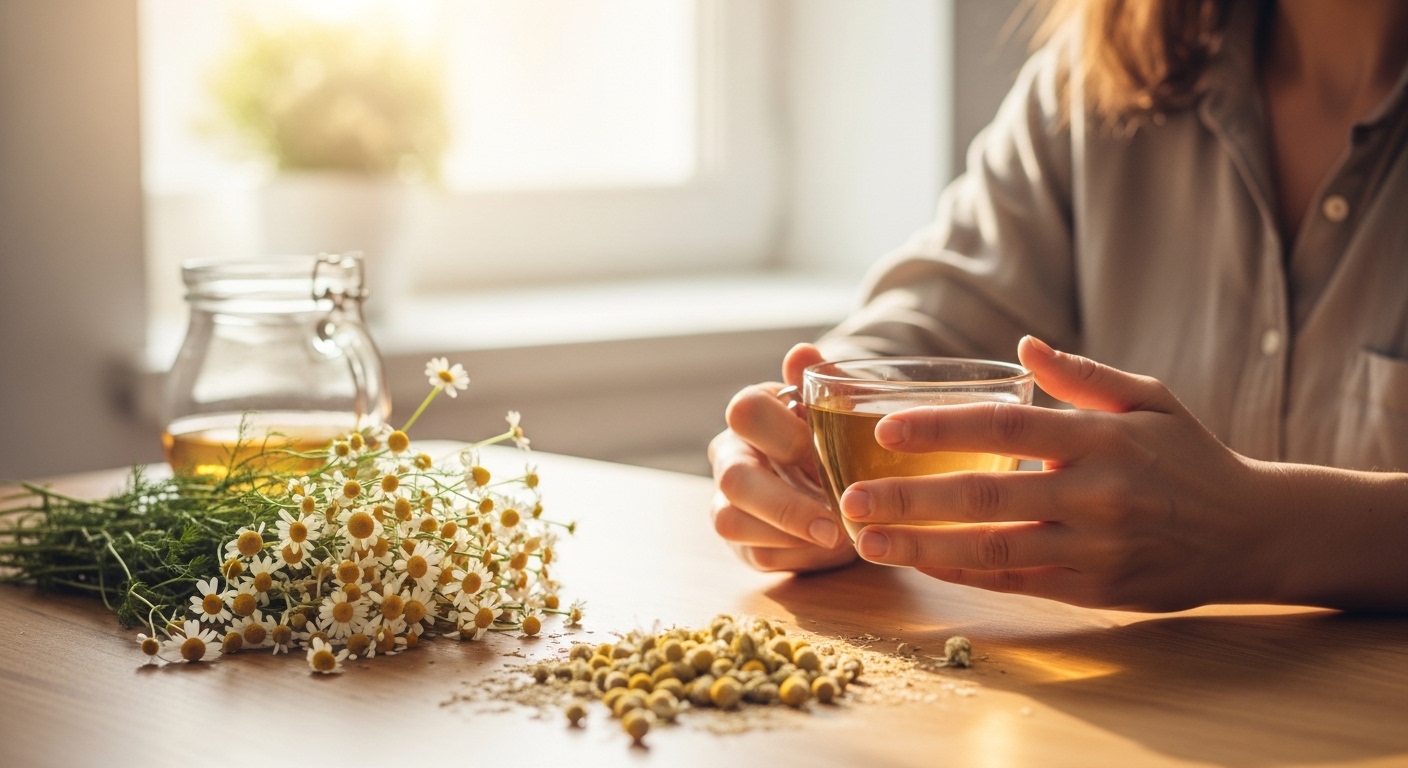 Donna che prepara una tisana di camomilla in cucina luminosa, circondata da fiori freschi e secchi, atmosfera calda e rilassante, senza testi né annotazioni.