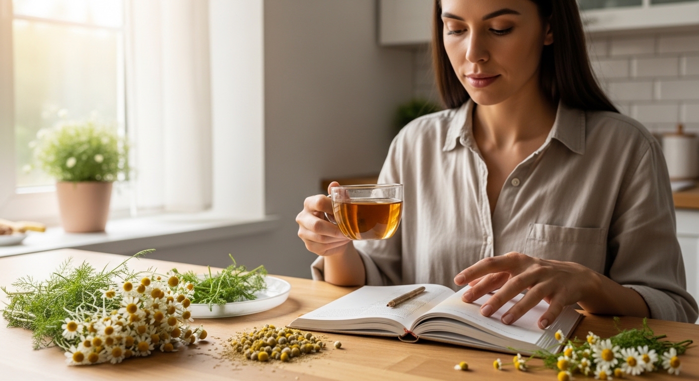 Donna che prepara una tisana di camomilla in cucina luminosa, circondata da fiori freschi e secchi, consultando un quaderno sulle proprietà, gli usi tradizionali e le precauzioni della pianta.