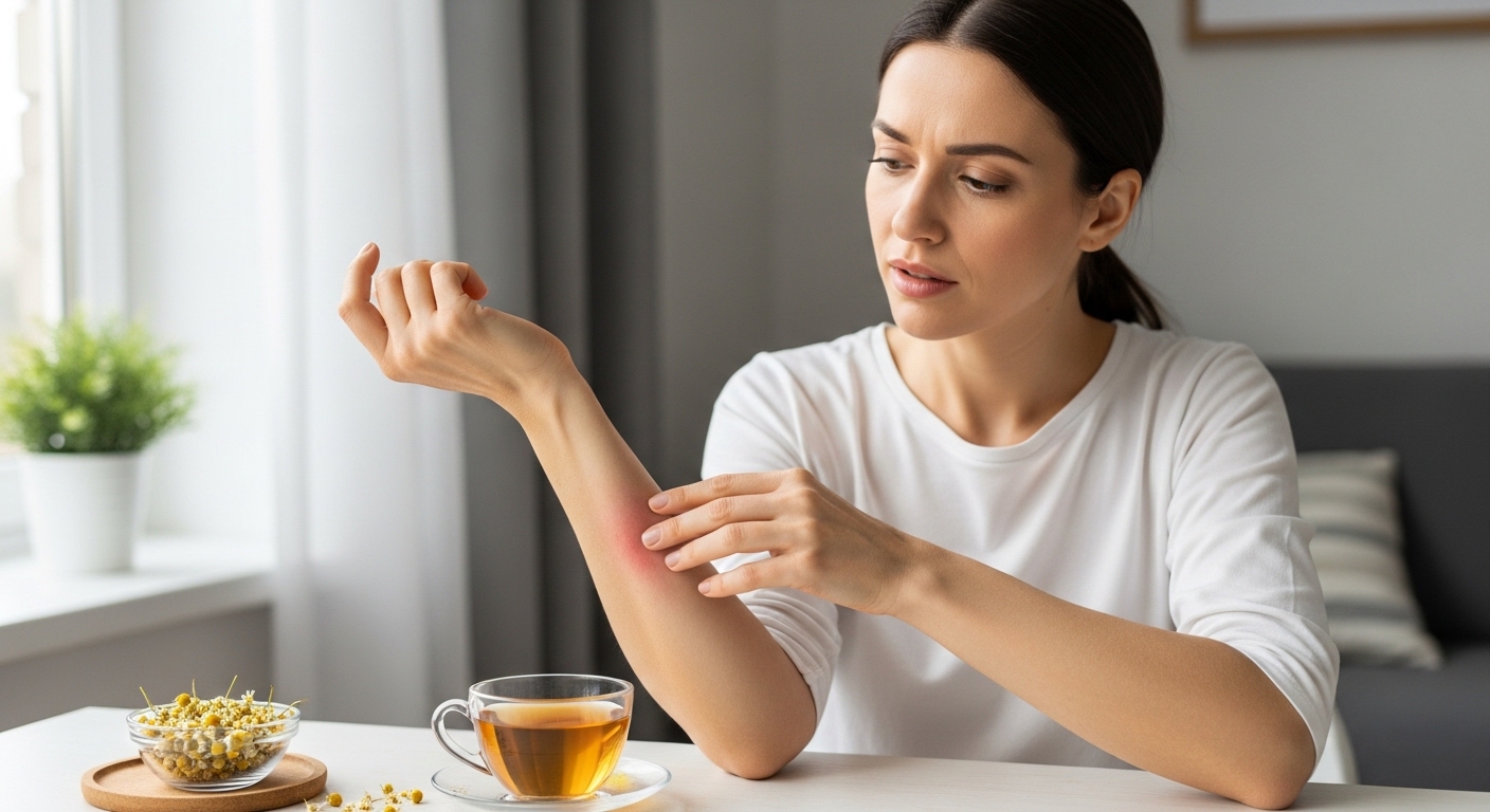 Donna con lieve rossore cutaneo sul braccio mentre valuta il consumo di camomilla, esempio di possibile reazione allergica.