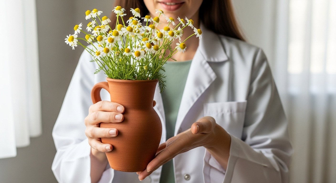 Donna in camice bianco che tiene un vaso di terracotta con fiori di camomilla, simbolo di uso sicuro e controindicazioni della pianta.