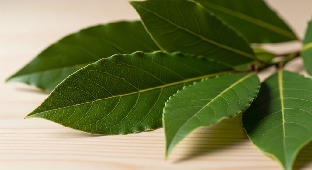 Foglie fresche di alloro (Laurus nobilis) su superficie di legno chiaro illuminate da luce naturale.