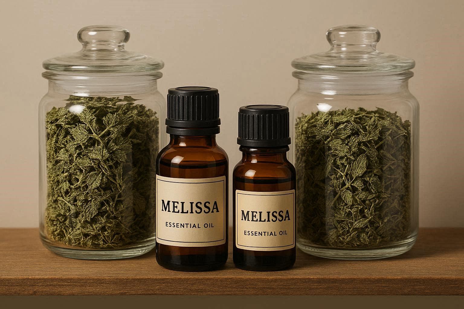 Olio essenziale di melissa e barattoli di erba essiccata