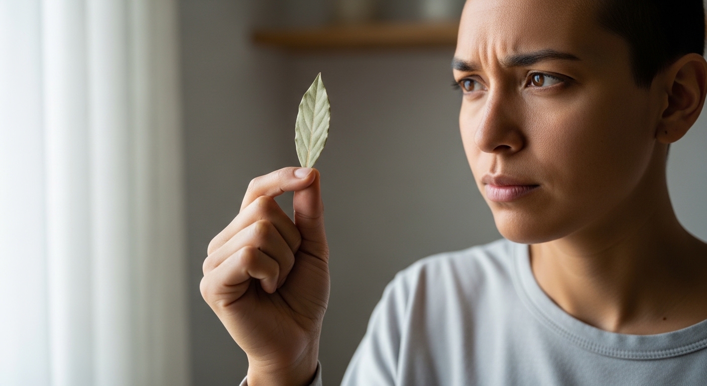 Persona che osserva attentamente una foglia di alloro in ambiente luminoso e minimalista.