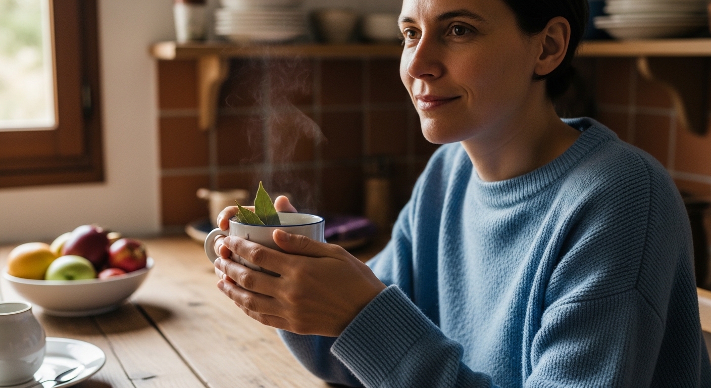 Persona che sorseggia tisana di alloro dopo il pasto in ambiente caldo e rilassante.
