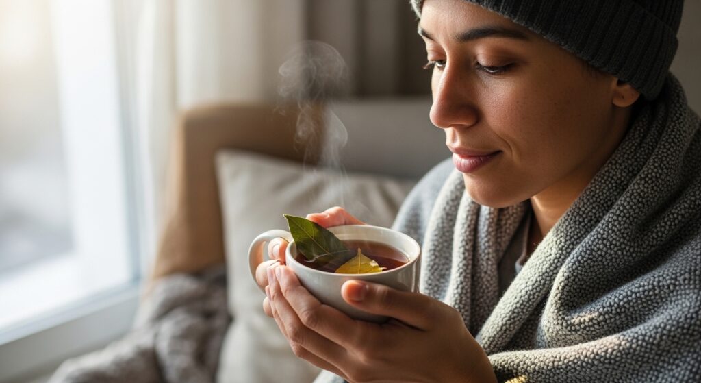 Persona con tisana di alloro fumante in ambiente caldo durante il raffreddore.