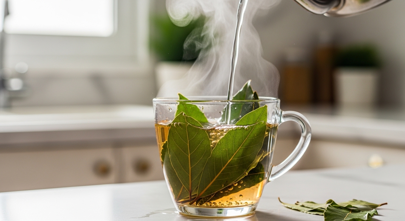 Preparazione della tisana di alloro con vapore visibile in ambiente luminoso.