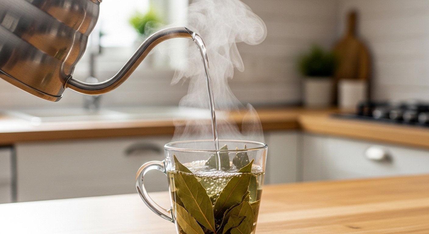 Preparazione di infuso di alloro con acqua calda versata su foglie essiccate in tazza trasparente.