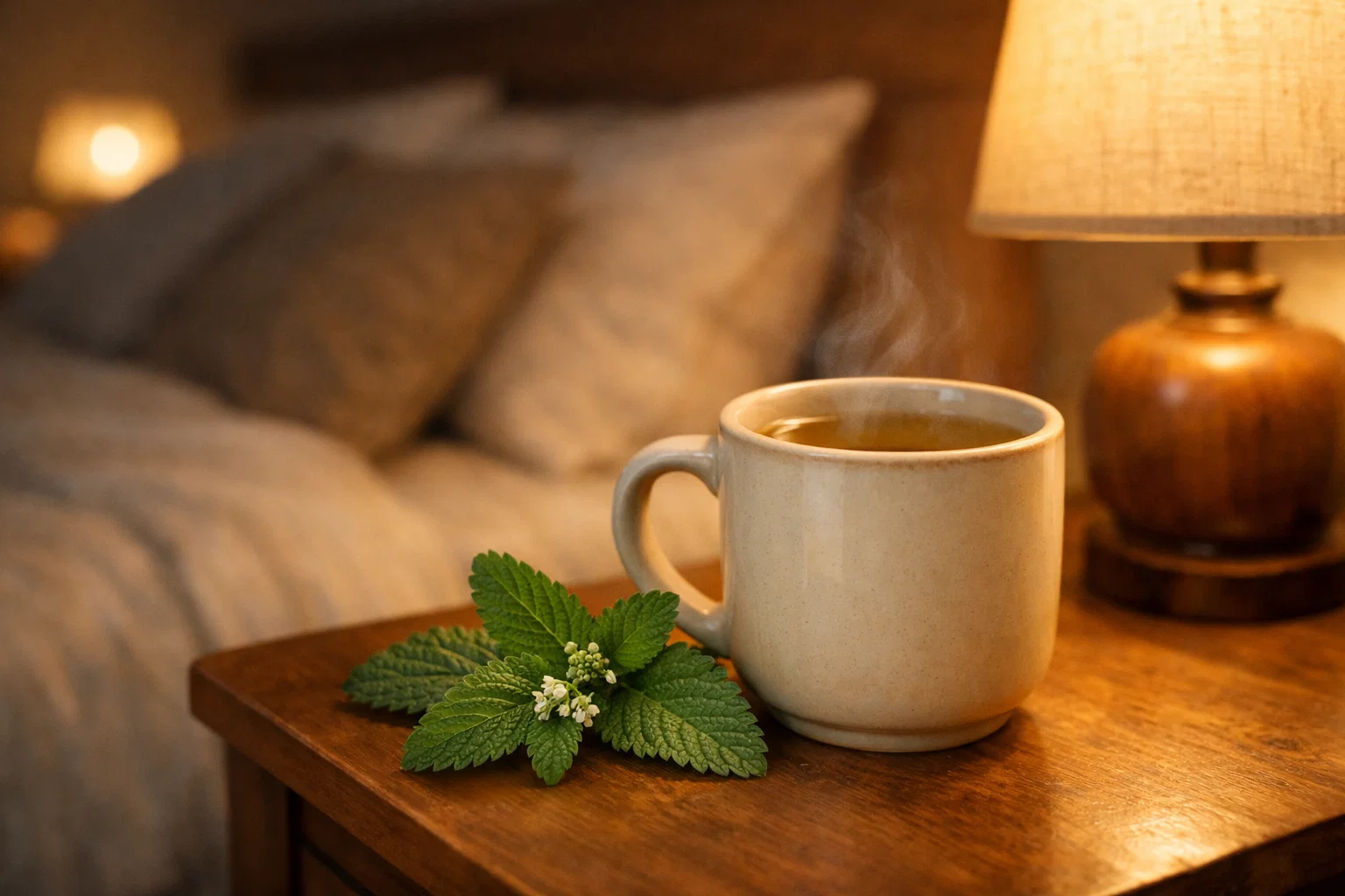 Tazza di tisana alla melissa su comodino