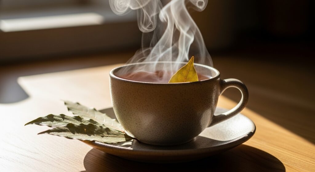 Tazza fumante di tisana di alloro con foglie accanto in ambiente caldo e rilassante.