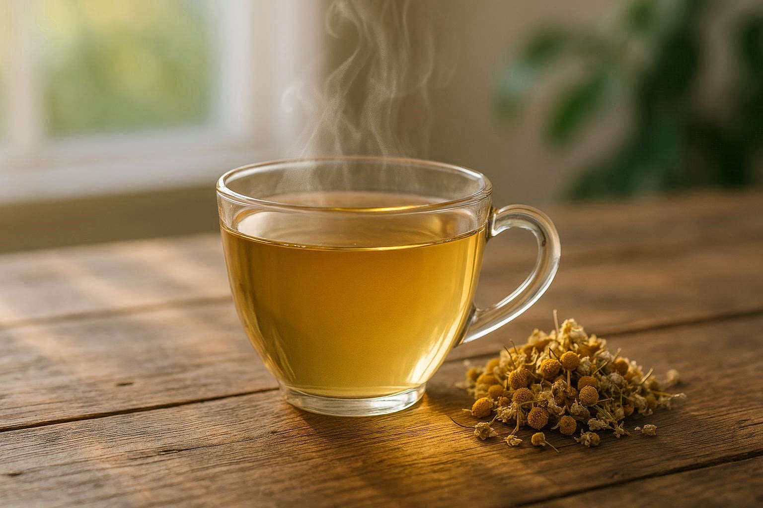 Tisana di camomilla con fiori essiccati su tavolo